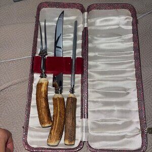 Sheffield Vintage Stag Horn Carving Set With Case 3 Piece England